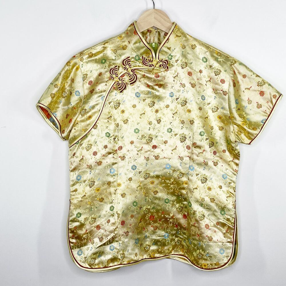 Handmade Chinese Yellow High Neck Short Sleeve Top Women's Size Medium M‎